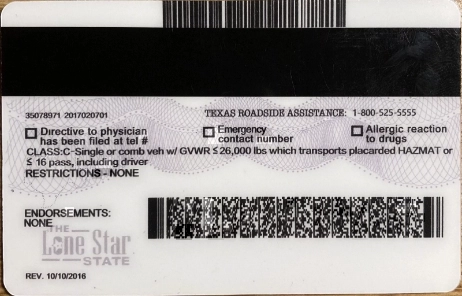 Texas (Old Version) Fake ID Back